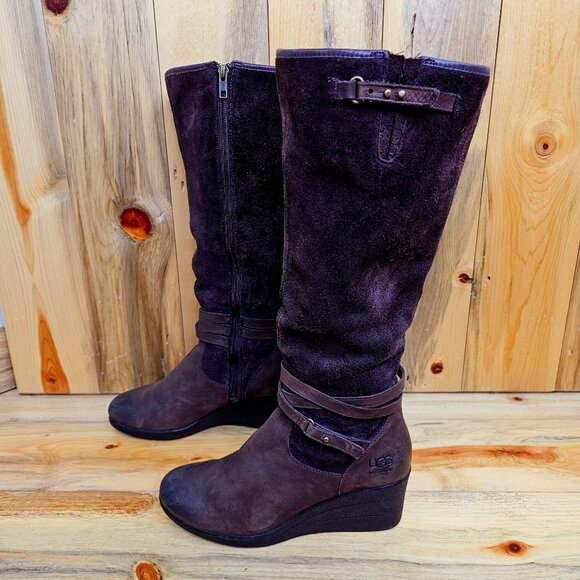 UGG Shoes - UGG “LESLEY” BROWN WATERPROOF LEATHER & SUEDE TALL KNEE-HIGH WEDGE BOOTS